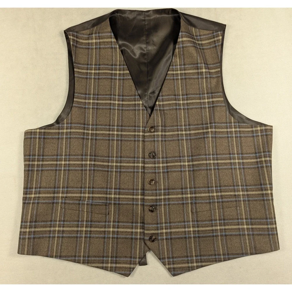 Alain Dupetit Mens 3 Piece Suit 48S 42W Woodhurst Plaid Brown Blue 2 Button Vest